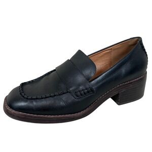 Crown Vintage Hazel Black Leather Chunky Heel Penny Loafers Heeled Square toe